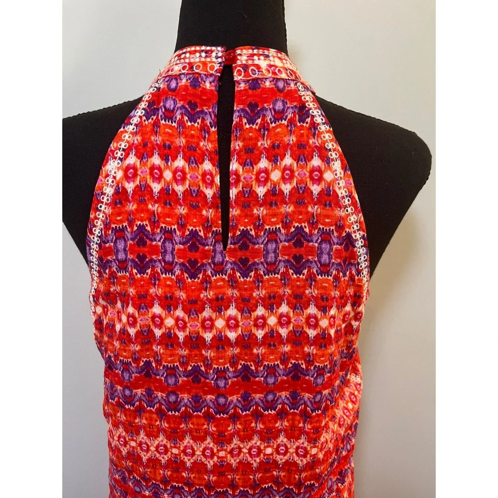 THML Orange Purple Ikat Embroidered Halter Shift Dress Small Boho NEW‎